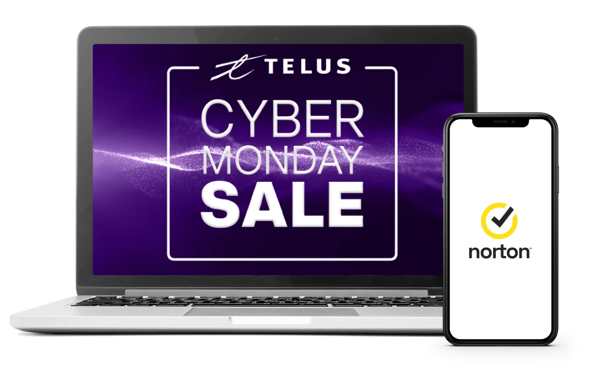 In the image, a smartphone displays the Norton logo, while a laptop shows the words “Cyber Monday Sale”. 