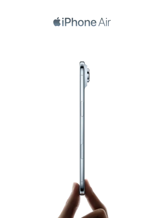 An ultra-thin silver iPhone being held between two fingers demonstrating its slim profile, with the Apple logo and 'iPhone Air' text displayed above the device.
