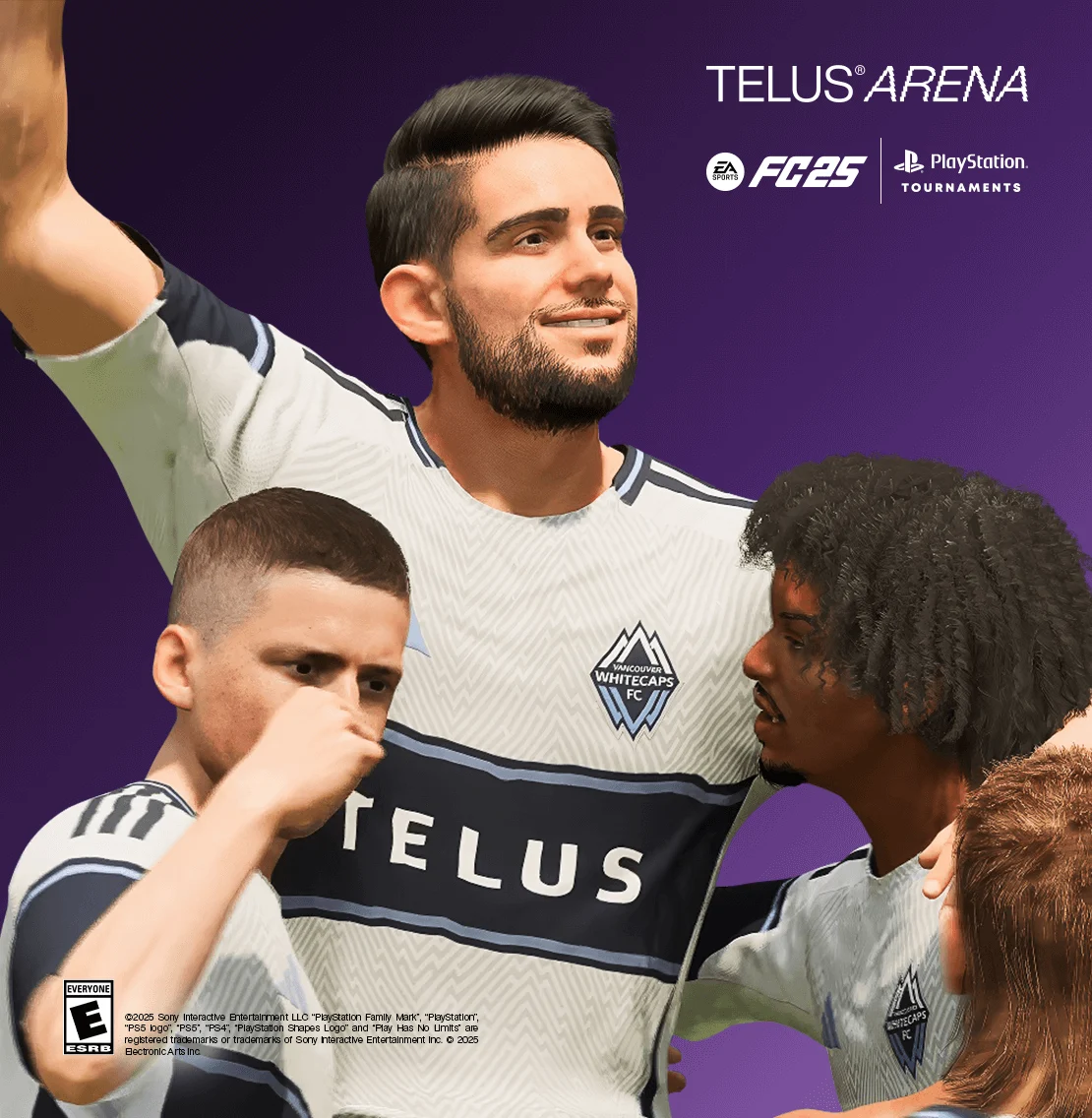 Group of Vancouver Whitecaps FC players in TELUS jerseys celebrating enthusiastically on a soccer field in video game-style graphics.