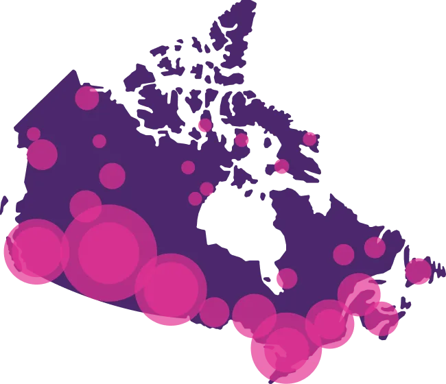 Une carte du Canada indiquant les régions couvertes par le réseau de TELUS.