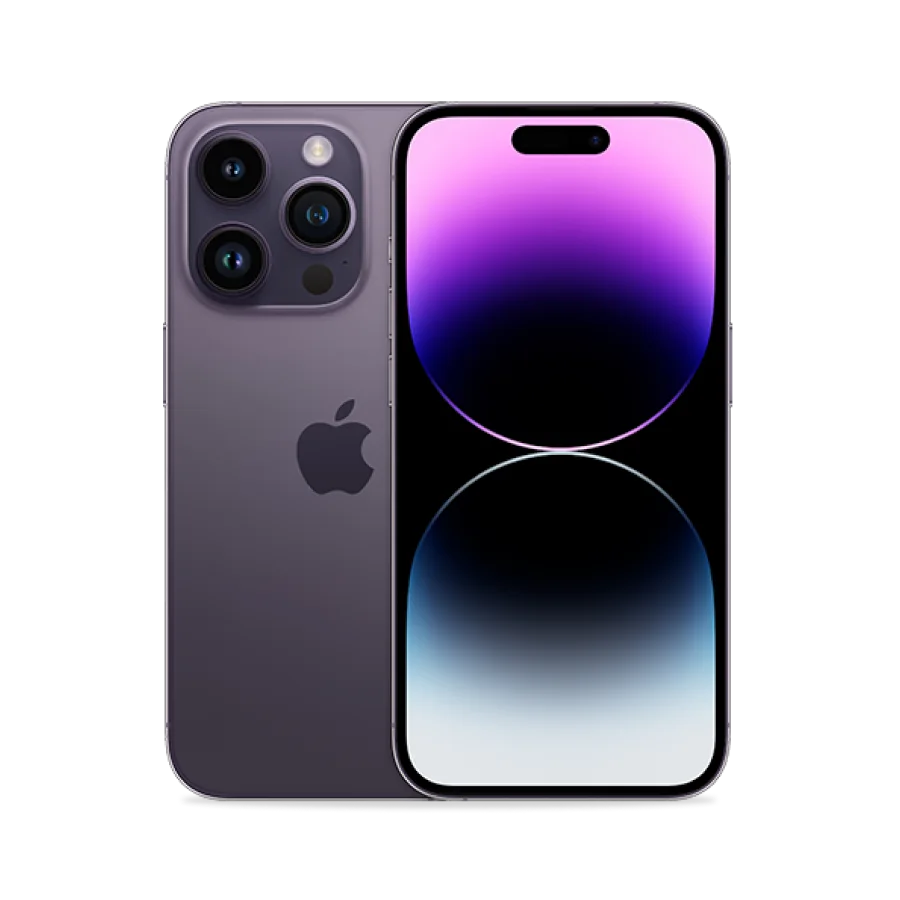 Front and back view of iPhone 14 Pro Max in deep purple.