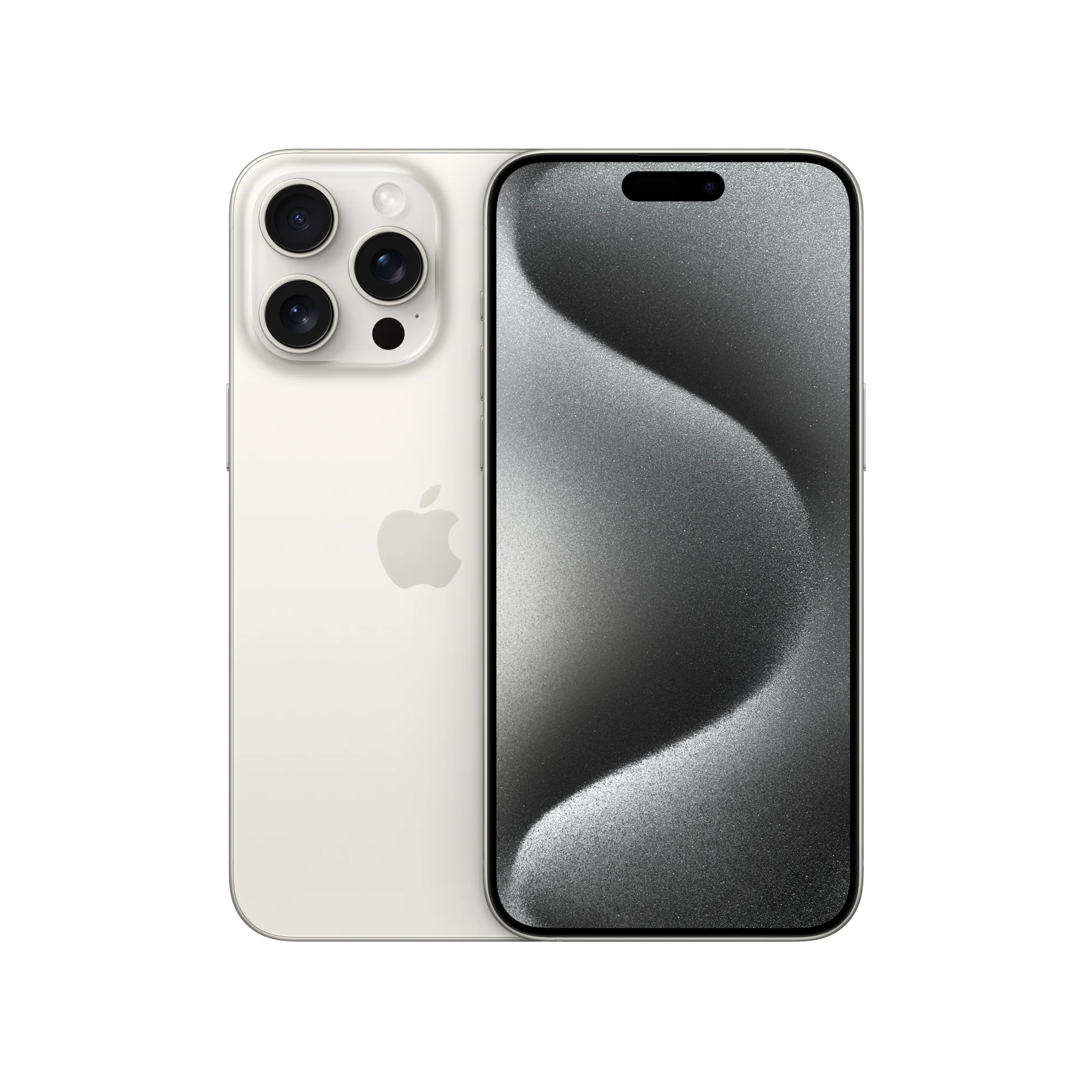 Front and back view of the iPhone 15 Pro Max in White Titanium.