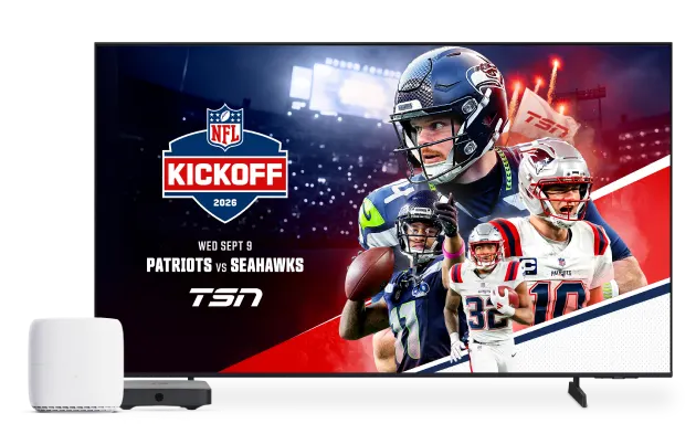 Flat-screen TV displaying the TSN 2026 NFL Kickoff promo, with a modem and streaming device set up beside it.