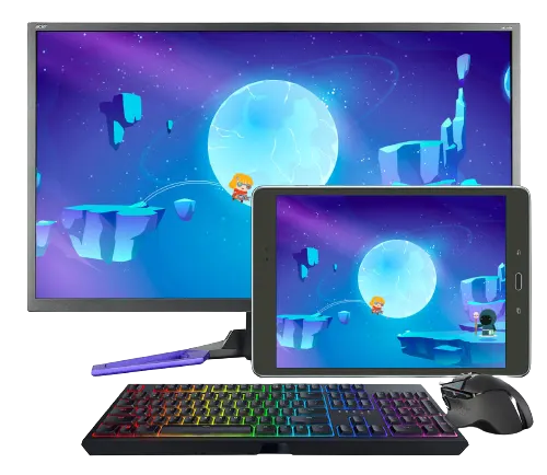 A desktop PC and tablet showing side-scrolling video game.