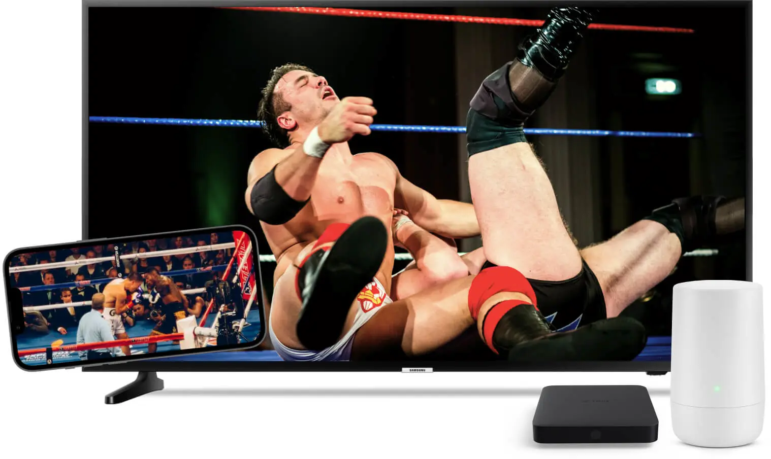 A TV digital box and Wi-Fi device sit in front of a TV and smartphone displaying wrestling and boxing.