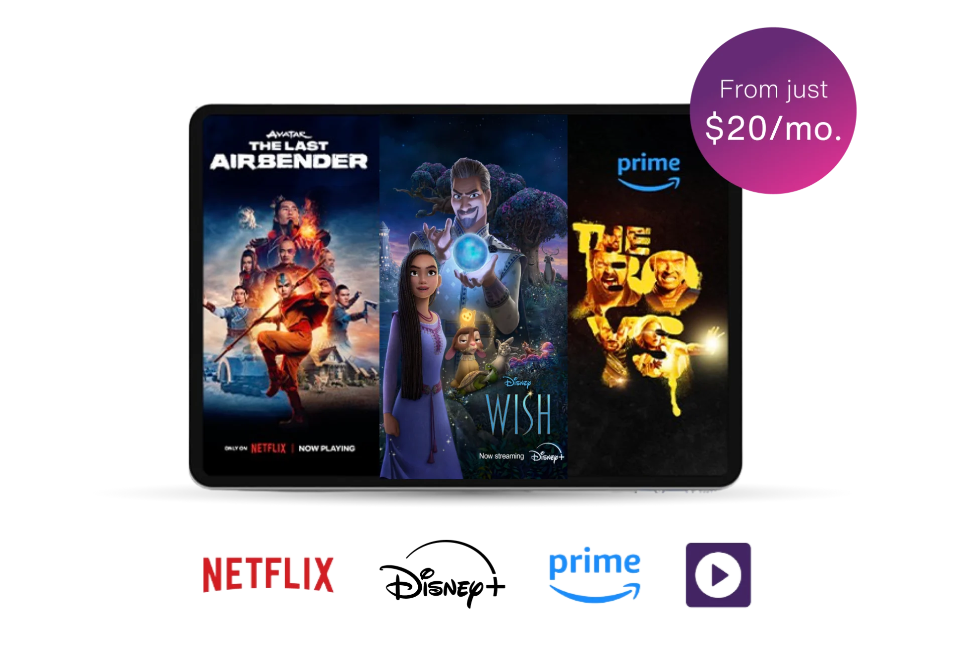 A TV screen that shows Netflix’s Avatar: The Last Airbender, Disney+’s Echo, and Prime Video’s The Boys.