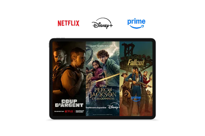 Une tablette avec les logos de Netflix, Disney+ et Prime Video en haut. On voit trois affiches de séries : The Rip, Percy Jackson et les Olympiens, ainsi que Fallout.