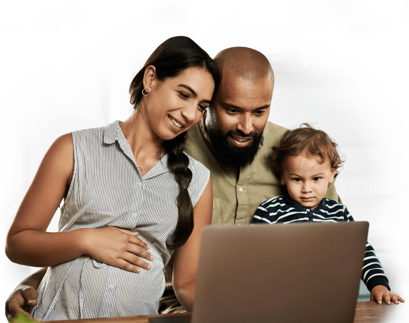 A pregnant woman standing next to her husband and child, enjoying high-speed internet on their laptop.