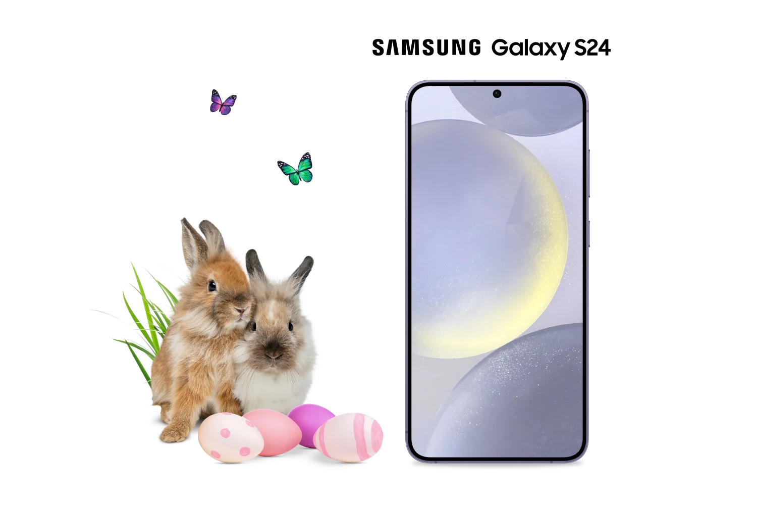 To the left of a Samsung Galaxy S24 in cobalt violet, a pair of adorable bunnies stand behind colourful Easter eggs as butterflies flutter gracefully in the air. 