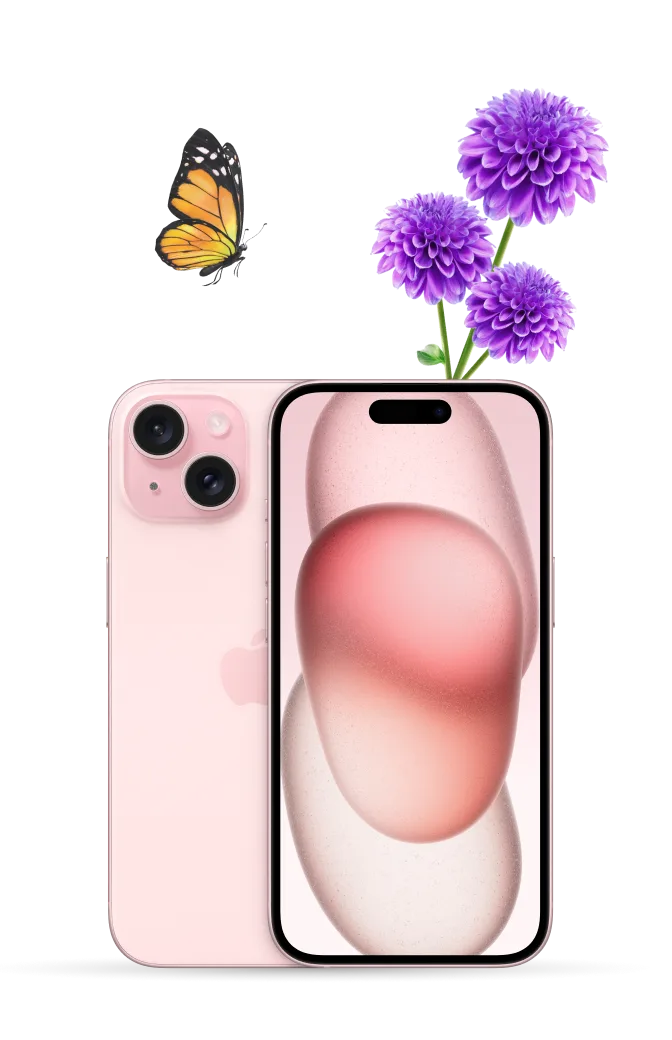 An iPhone 15 in Pink is displayed from the front and back. Vibrant purple dahlias flank its sides, and a butterfly flutters above it. 