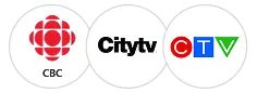 An image showing CBC, Citytv and CTV channel logos.