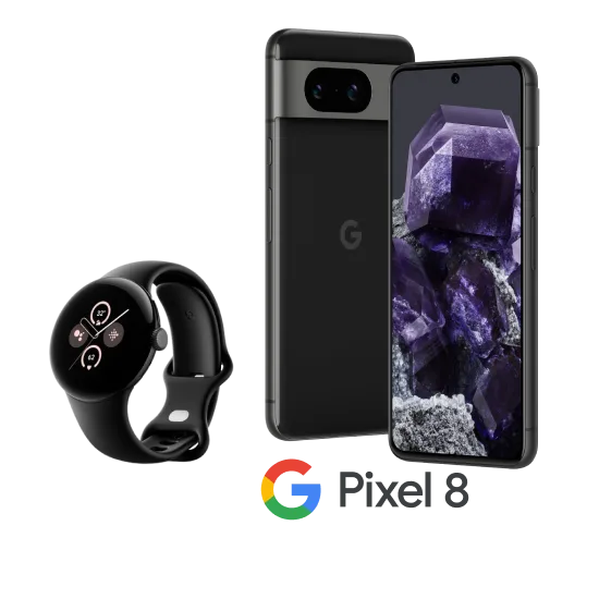 The front and back view of Google Pixel 8 in Obsidian next to the Pixel Watch 2 in Matte Black Aluminium with the Google logo underneath reading “Pixel 8”.
