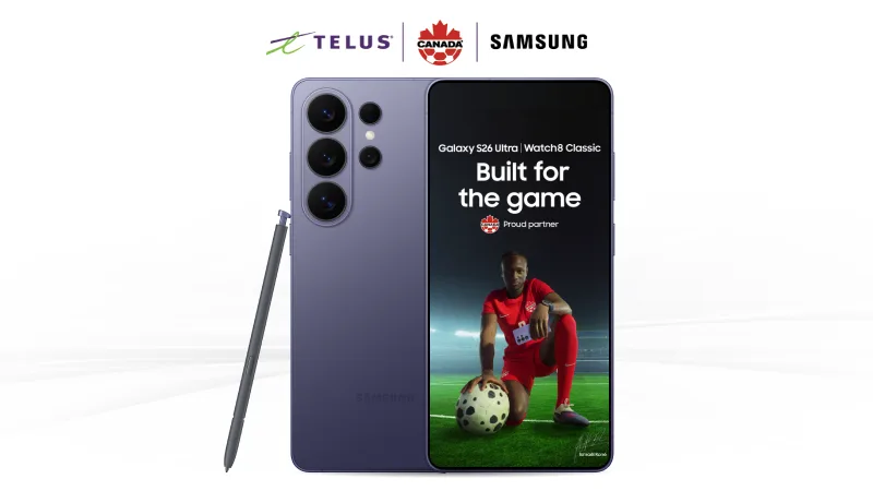 Samsung Galaxy S26 Ultra featuring a soccer player. TELUS, Soccer Canada, and Samsung logos at the top.