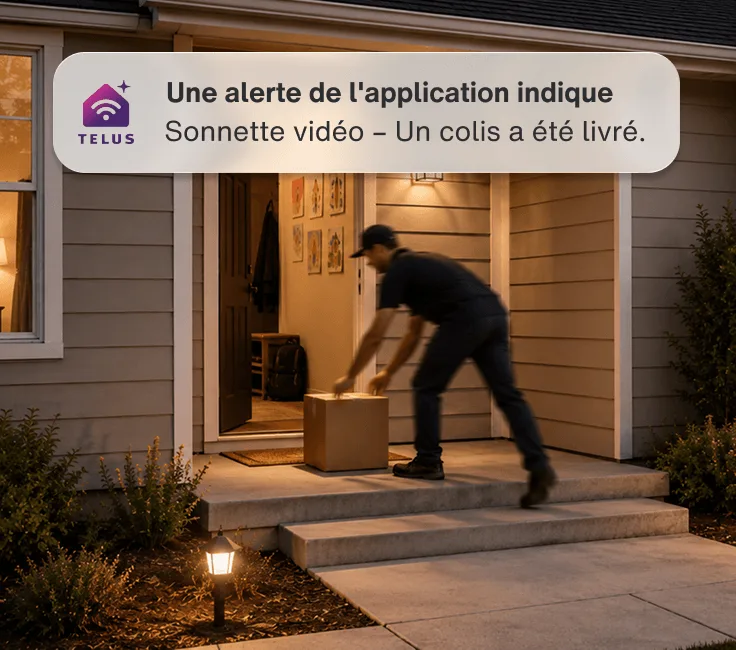 Un homme dépose un colis sur le pas d’une porte à la nuit tombée. Une alerte de l'application indique : « Sonnette vidéo – Un colis a été livré. »