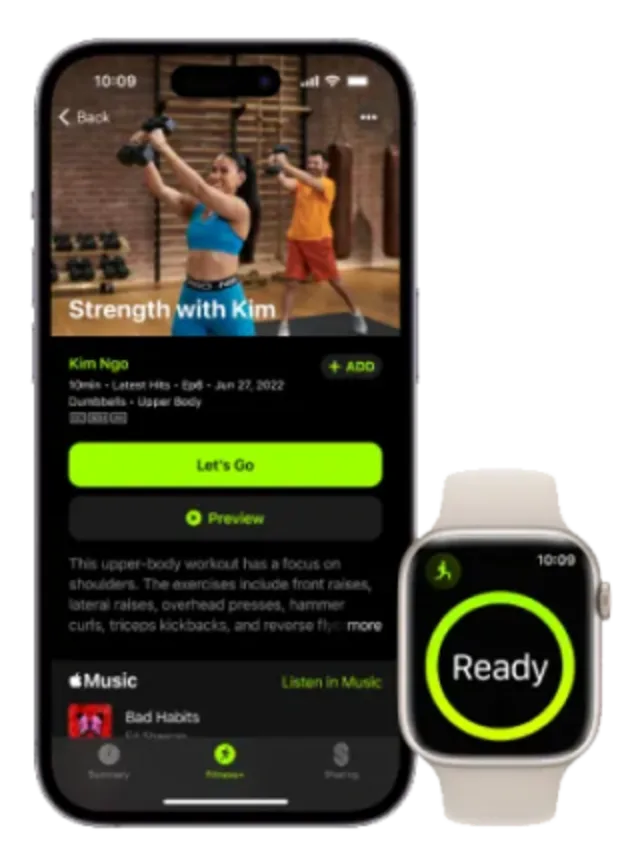 iPhone and Apple Watch 10 displaying Apple Fitness+ experience.