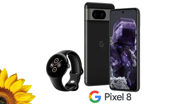 The front and back view of Google Pixel 8 in Obsidian next to the Pixel Watch 2 in Matte Black Aluminium with the Google logo underneath reading “Pixel 8”. 