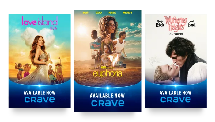 Three posters: Love Island, Euphoria & Wuthering H.