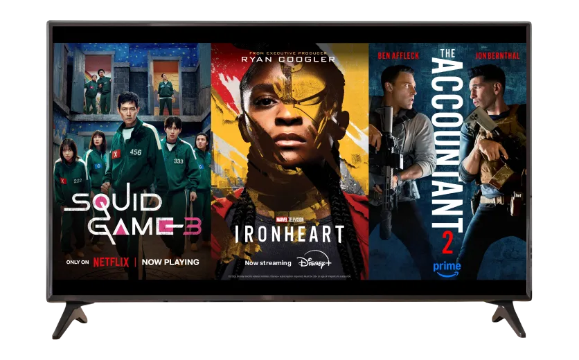 Poster: Squid Game S3 on Netflix Poster: Iron Heart on Disney+ Poster: The Accountant 2