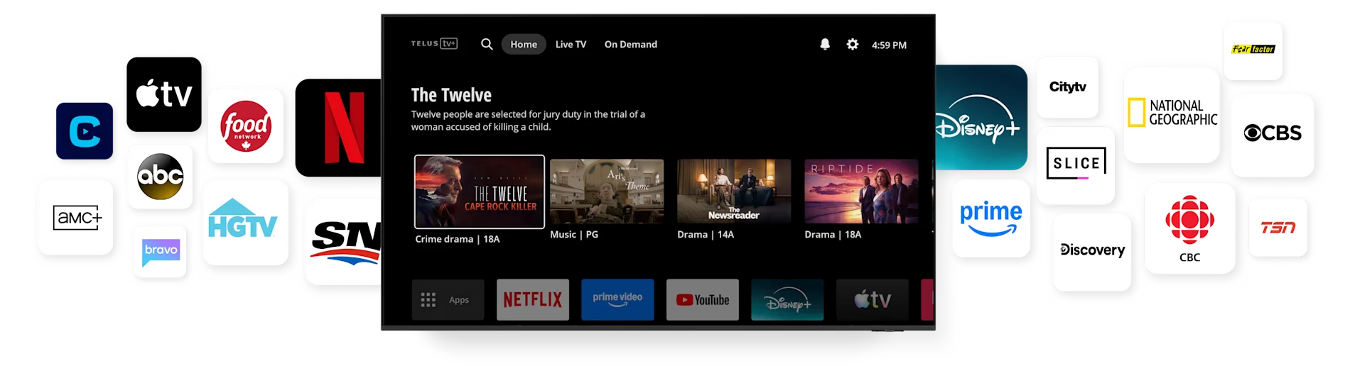 A television displays the TELUS Optik TV interface. Itis surrounded by many popular streamimg icons.