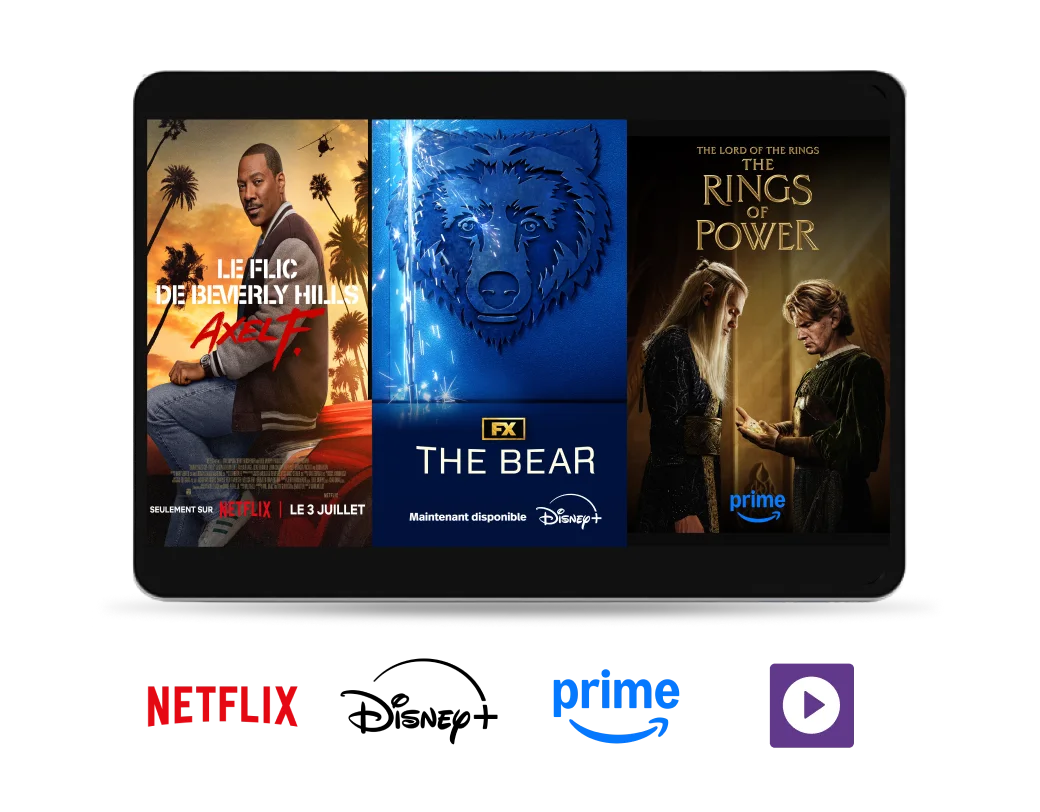 Un écran de tablette montrant Le Flic de Beverly Hills : Axel F de Netflix, The Bear de Disney+ et The Boys de Prime Video.