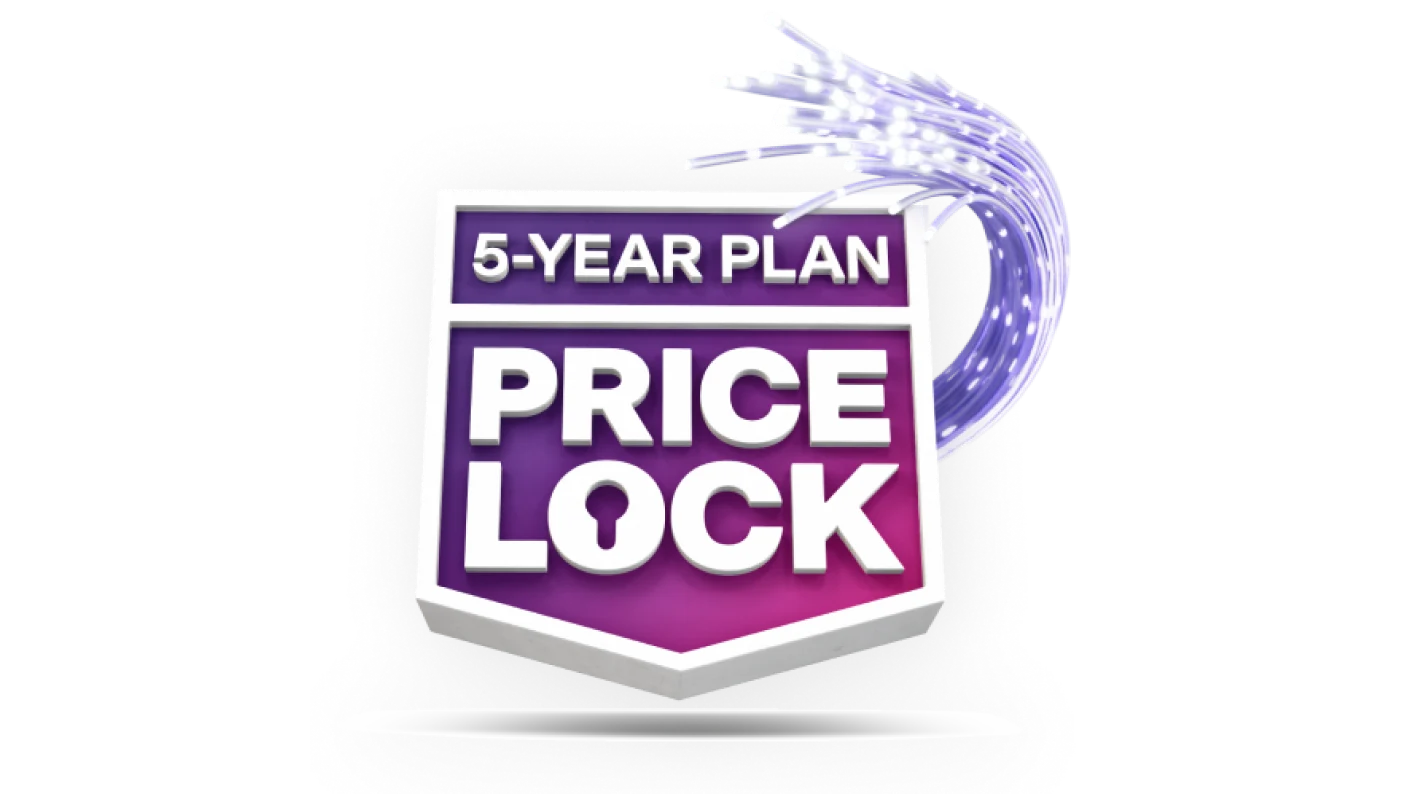 An image featuring the TELUS 5-Year Plan Price Lock logo in a purple and pink gradient banner.