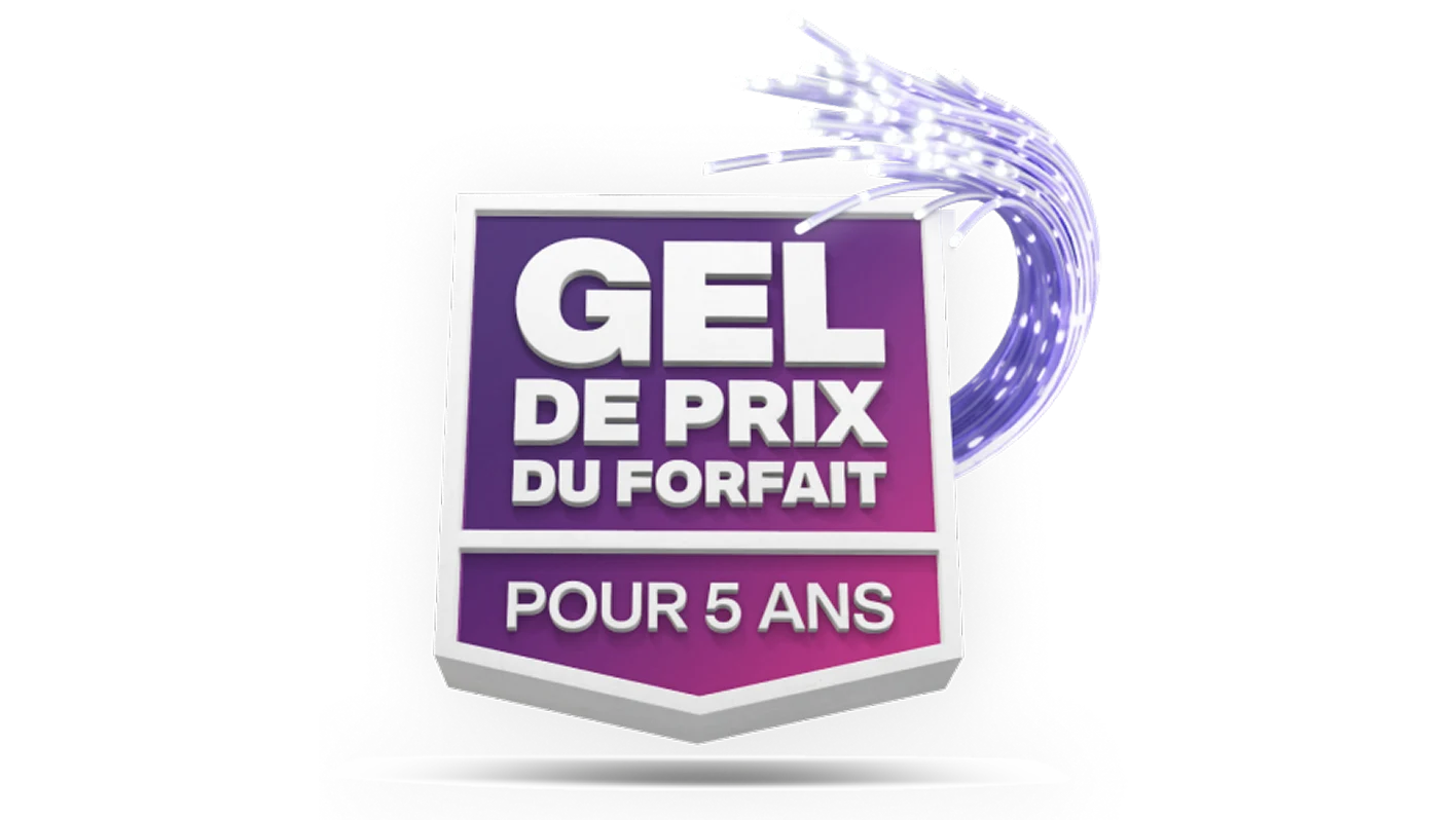 Une image présentant le logo Gel de prix du forfait pour 5 ans de TELUS dans une bannière violette et rose.