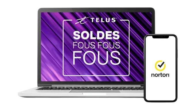 Sur l'image, un téléphone intelligent affiche le logo Norton, tandis qu'un ordinateur portable affiche les mots « Soldes fous fous fous ».