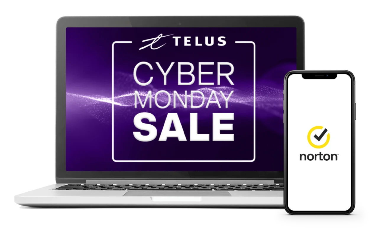 In the image, a smartphone displays the Norton logo, while a laptop shows the words “Cyber Monday Sale”.