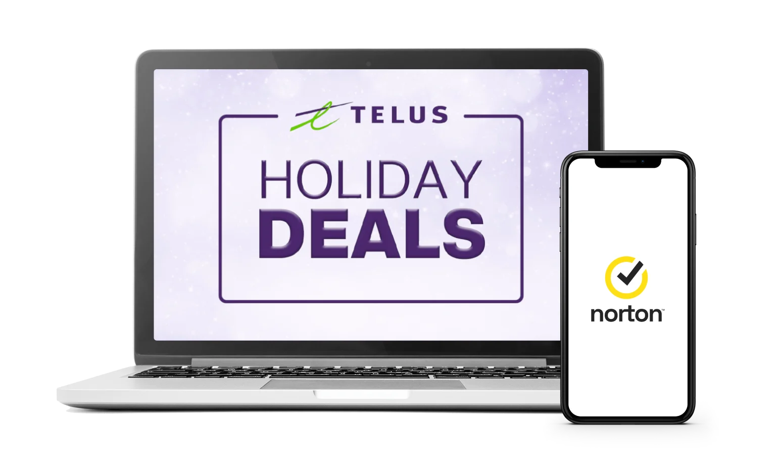 In the image, a smartphone displays the Norton logo, while a laptop shows the words “Holiday Deals”.