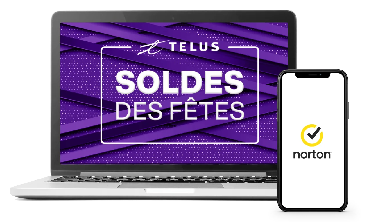 Sur l'image, un téléphone intelligent affiche le logo Norton, tandis qu'un ordinateur portable affiche les mots « Soldes des Fêtes ».