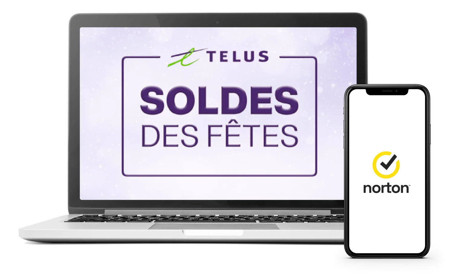 Sur l'image, un téléphone intelligent affiche le logo Norton, tandis qu'un ordinateur portable affiche les mots « Soldes des Fêtes ».