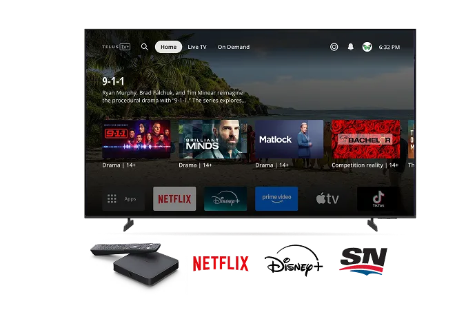 A large TV with various show selections on TELUS TV+ app.