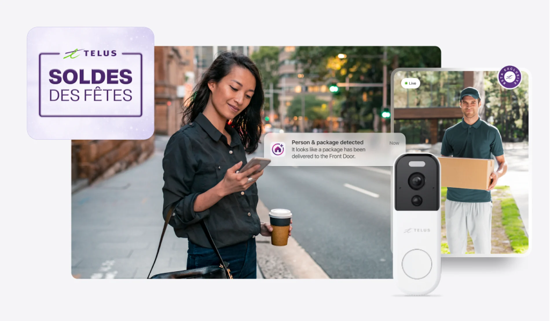 Une femme sur son trajet tient l'application TELUS SmartHome + et regarde une vidéo en direct de la livraison du colis ainsi qu'un médaillon sur lequel est écrit « Soldes des Fêtes ».