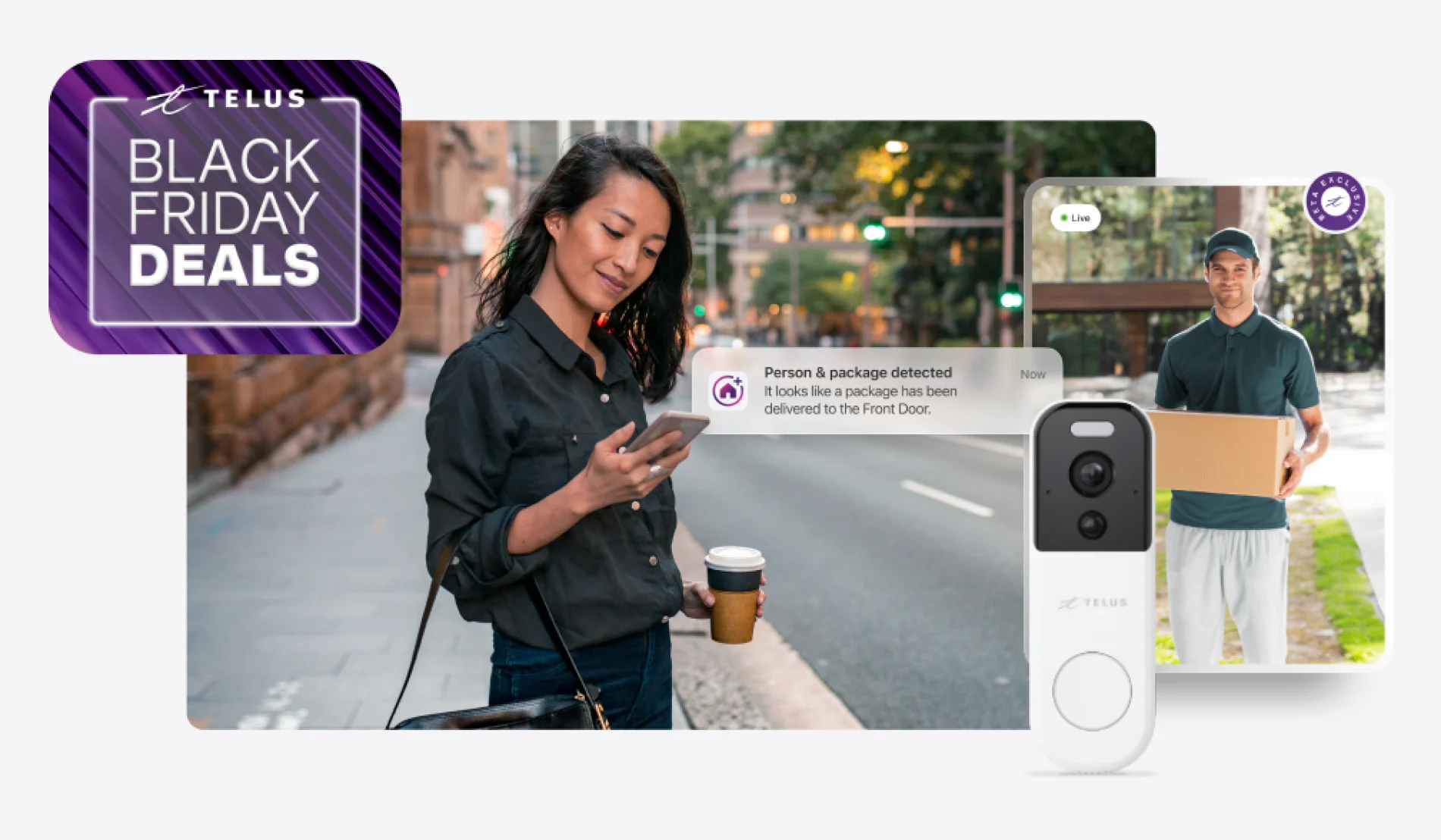 A woman on her commute holds the TELUS SmartHome + app watching a live video of the package delivery and a roundel that says 'Black Friday deals'.