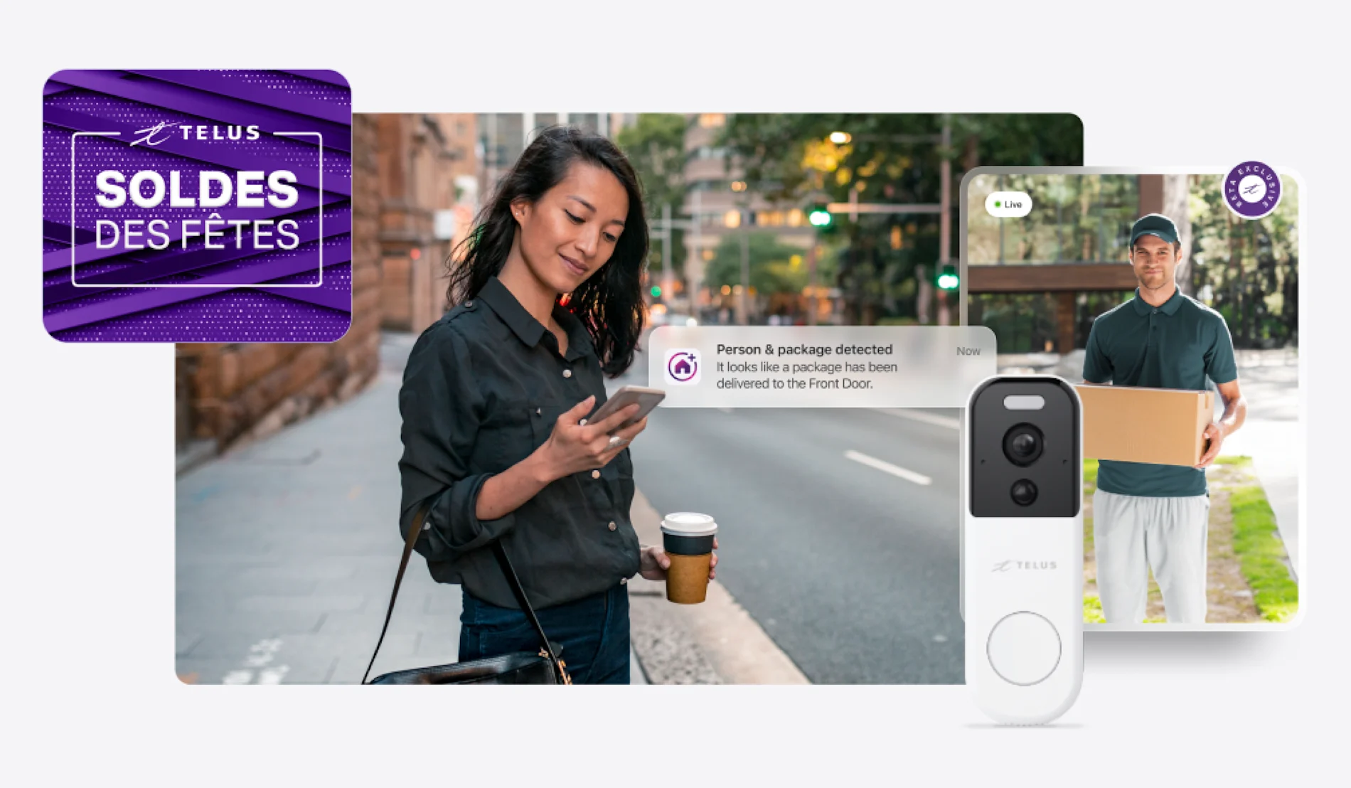 Une femme sur son trajet tient l'application TELUS SmartHome + et regarde une vidéo en direct de la livraison du colis ainsi qu'un médaillon sur lequel est écrit « Soldes des Fêtes ».