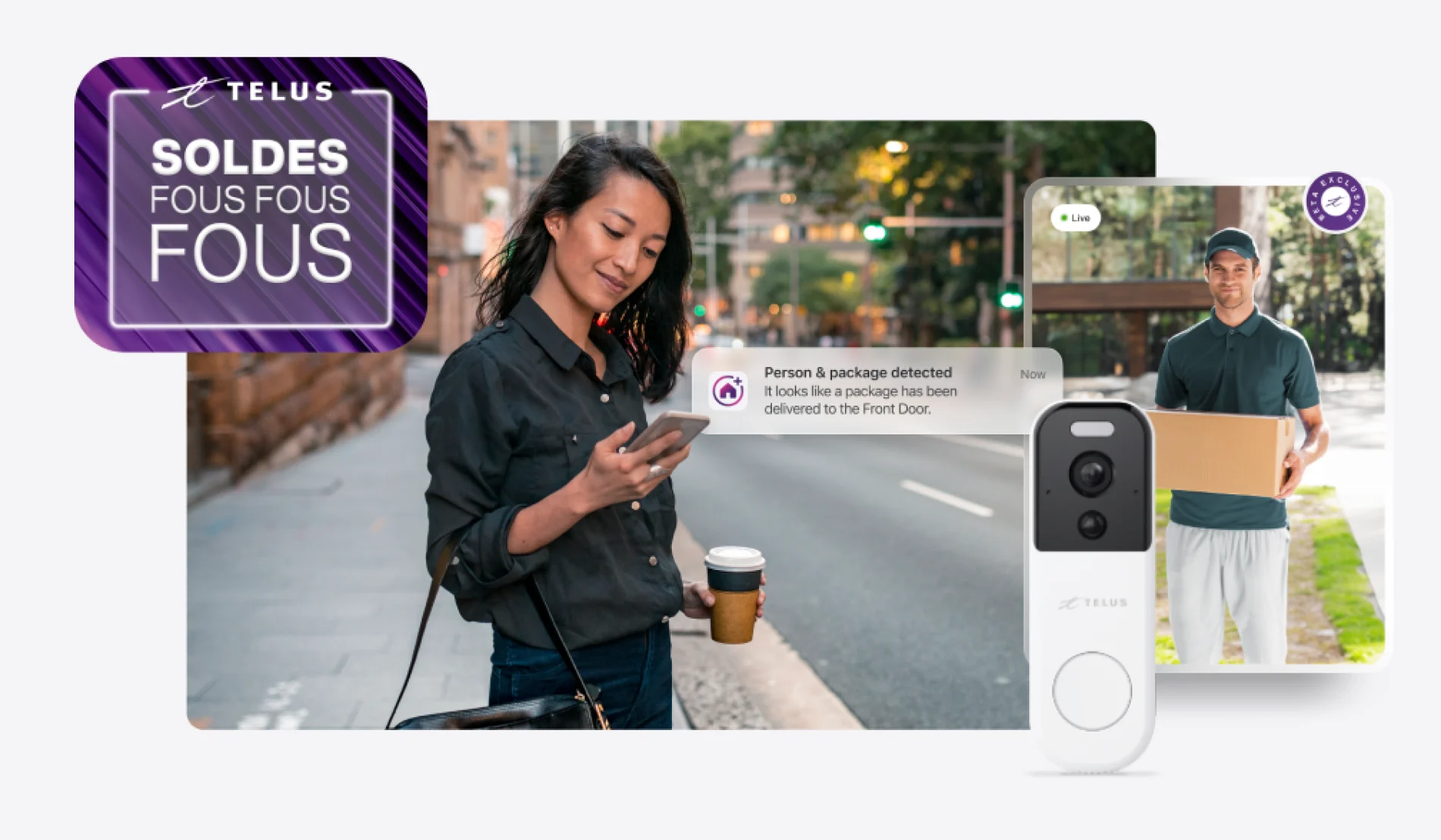 Une femme sur son trajet tient l'application TELUS SmartHome + et regarde une vidéo en direct de la livraison du colis ainsi qu'un médaillon sur lequel est écrit « Soldes fous fous fous ».