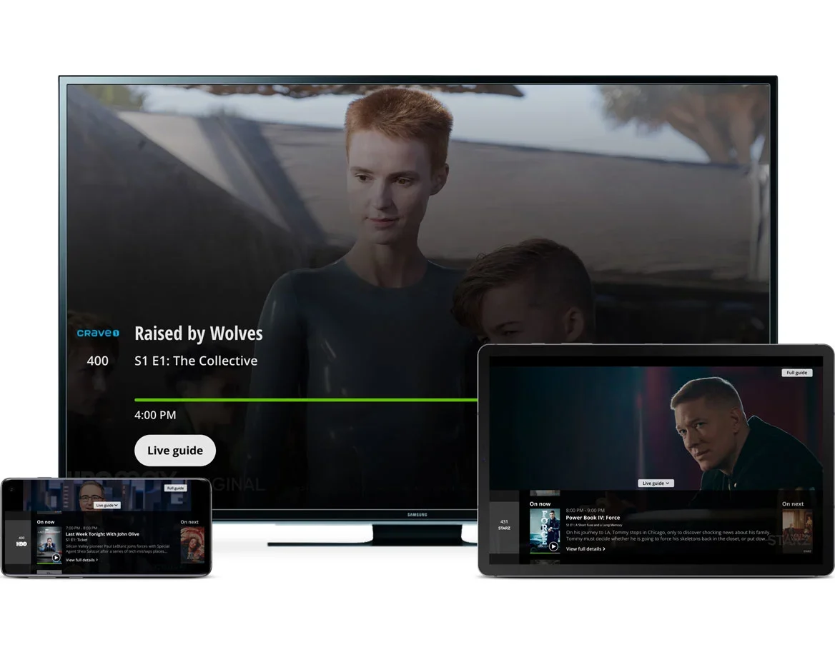 A TV, tablet and smartphone show how you can watch your favourite shows and movies whenever and wherever you want with the TELUS TV+ app.