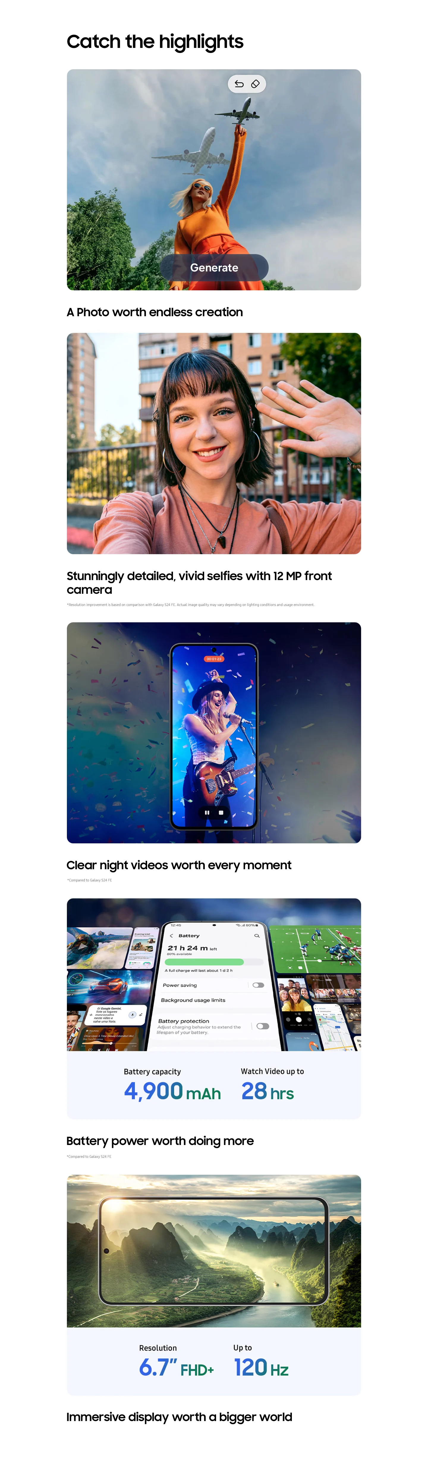 Smartphone promotional image showcasing five key features: AI photo generation, 12MP front camera for selfies, clear night video recording, 4,900mAh battery with 28-hour video playback, and 6.7' FHD+ 120Hz display.