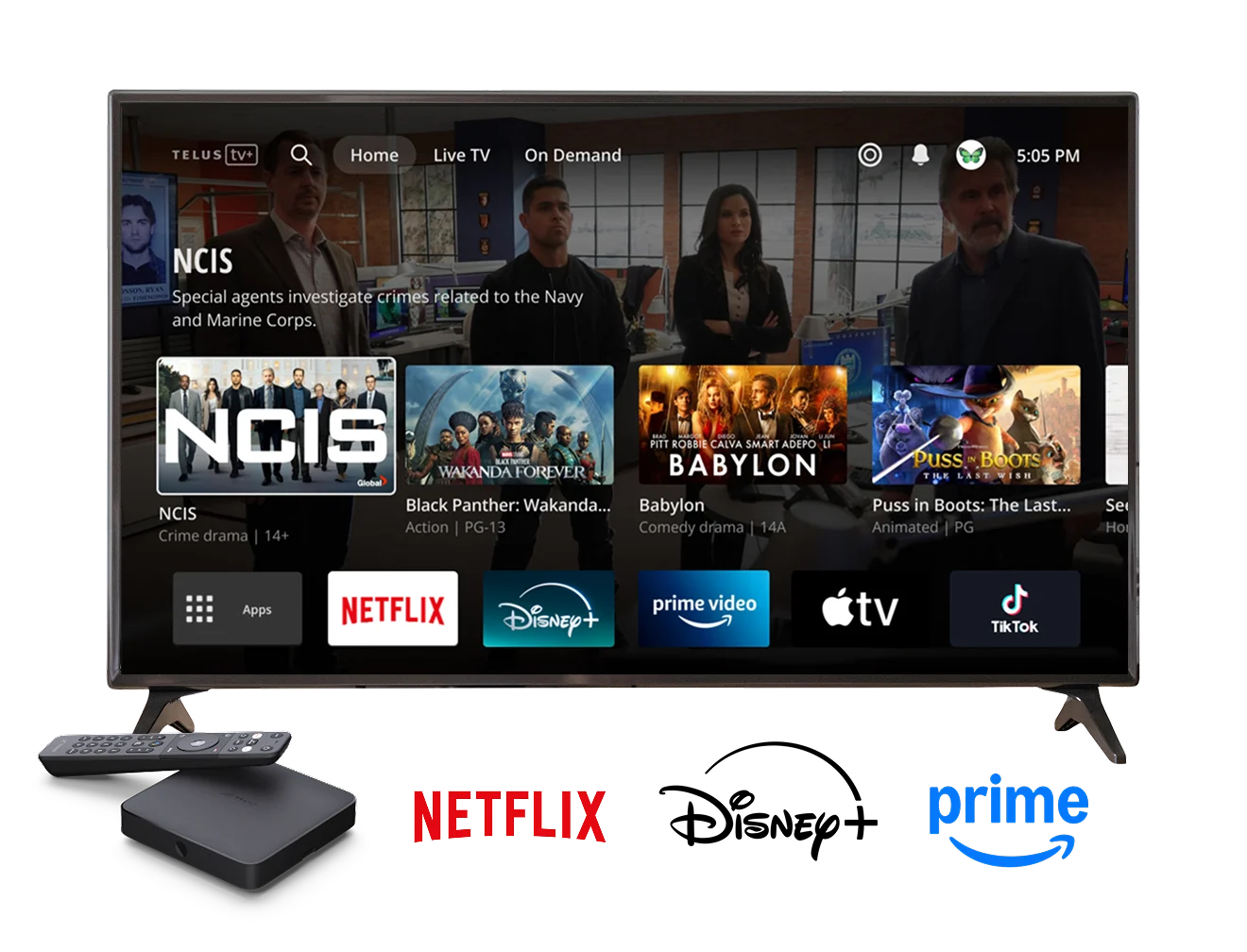 A large TV with various show selections on TELUS TV+ app.