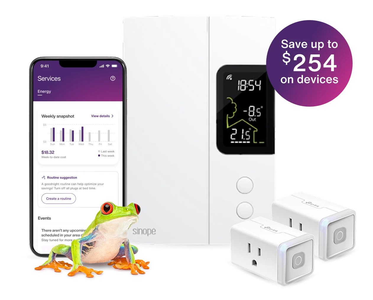 A smartphone displays the SmartEnergy app home page next to a Sinopé Smart Thermostat 3000W and a smart plug, displaying a roundel that says, "Save up to $254 on devices."