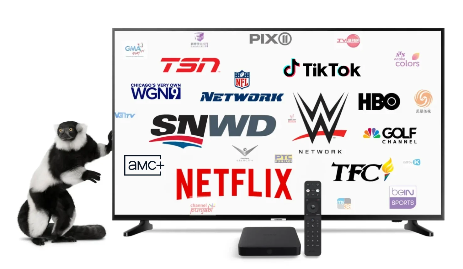 Lemur leaning against large smart tv showing a variety of channel logos available on Optik TV, plus set top box and remote