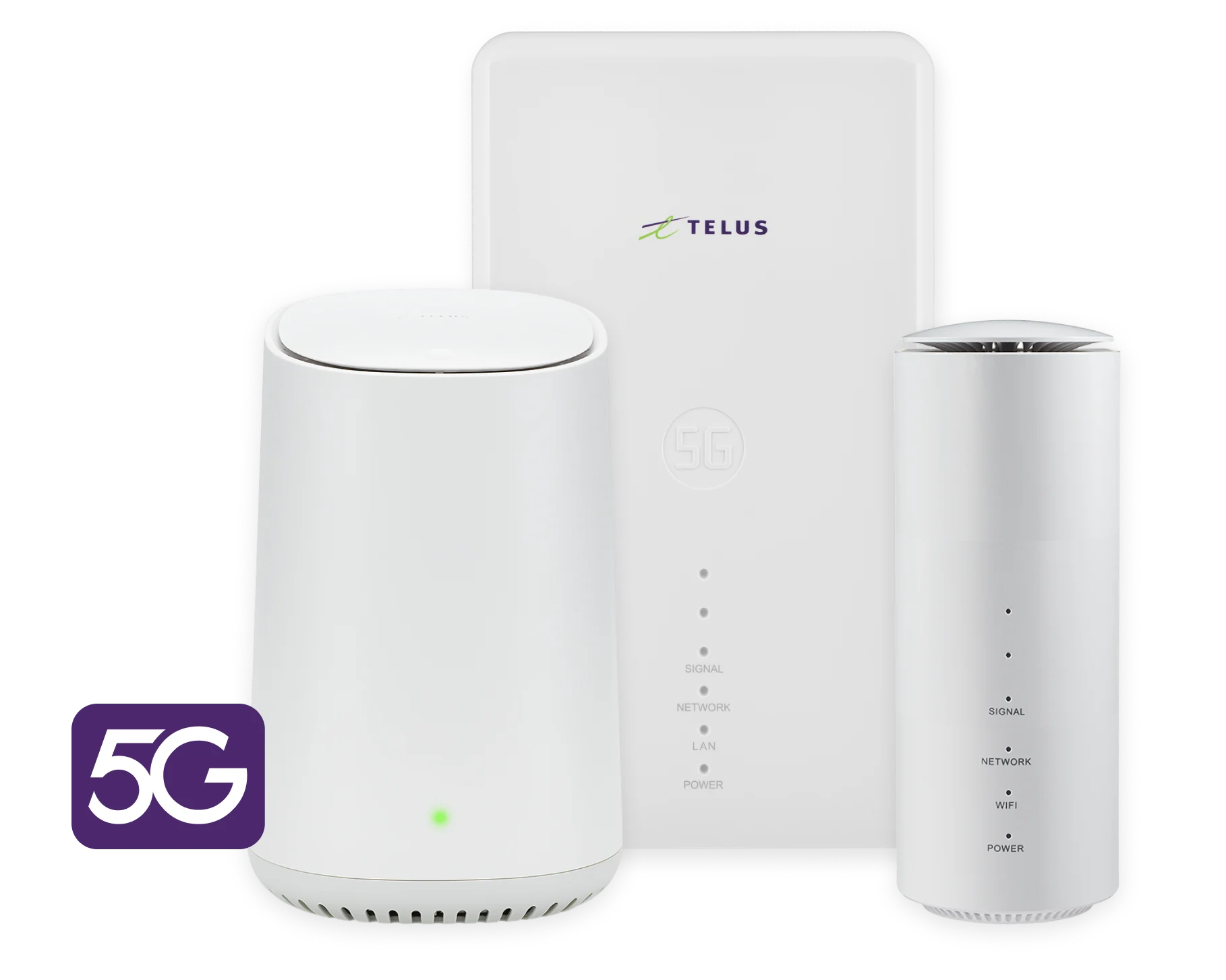 TELUS Smart Hub 5G: three smart hub devices with a 5G badge.