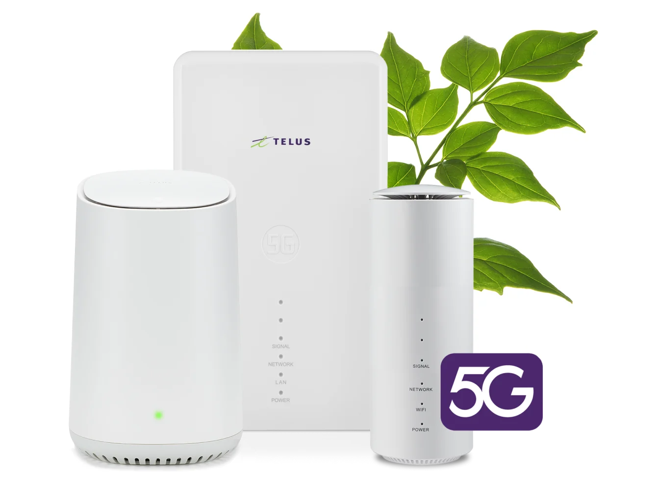 Three smart hub 5G devices infront of a green plant with the roundel saying 5G.