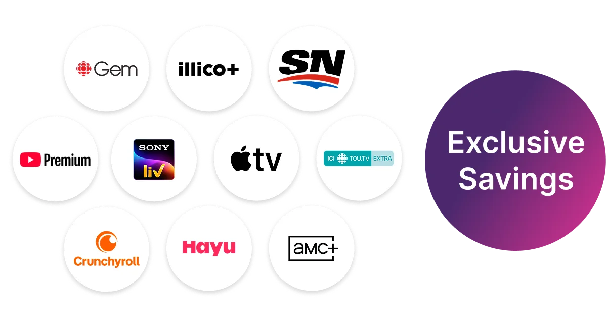 Exclusive savings with Stream+ on services like Youtube Premium, Apple TV+, AMC+, Crunchyroll and more.