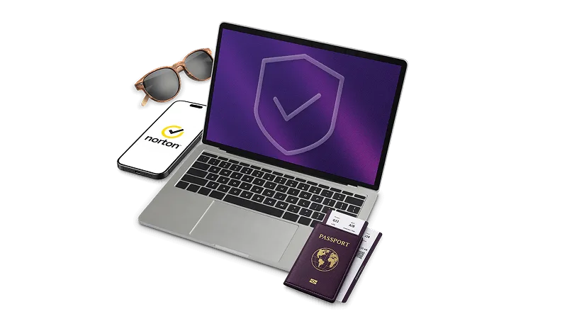 An image of a smartphone, a passport, sunglasses and a laptop with TELUS Online Security logo in purple background on screen.