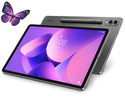 A purple butterfly flutters towards a Samsung tablet displaying its front and back view.