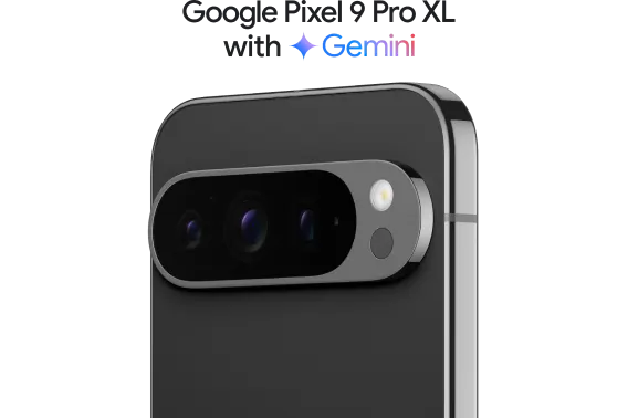 The front and back view of the Google Pixel 9 Pro XL in Obsidian. Below, is a logo that reads “Google Pixel 9 Pro XL with Gemini”.