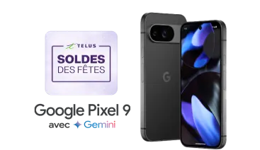 Un logo indiquant « Soldes des Fête  » flotte au-dessus de la vue avant et arrière du Google Pixel 9.