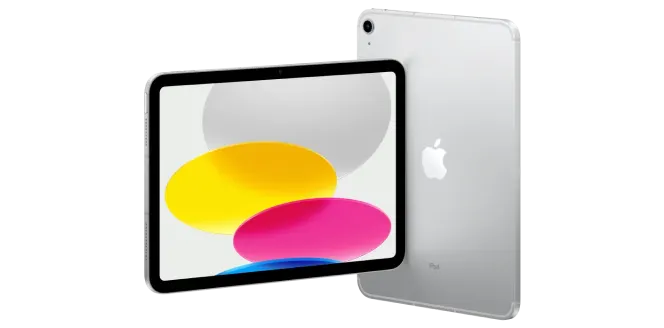 Front and back view of the iPad (10th Generation) in silver.