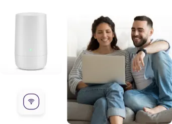 A man and woman using a laptop shown next to a WiFi router and a WiFi signal icon.